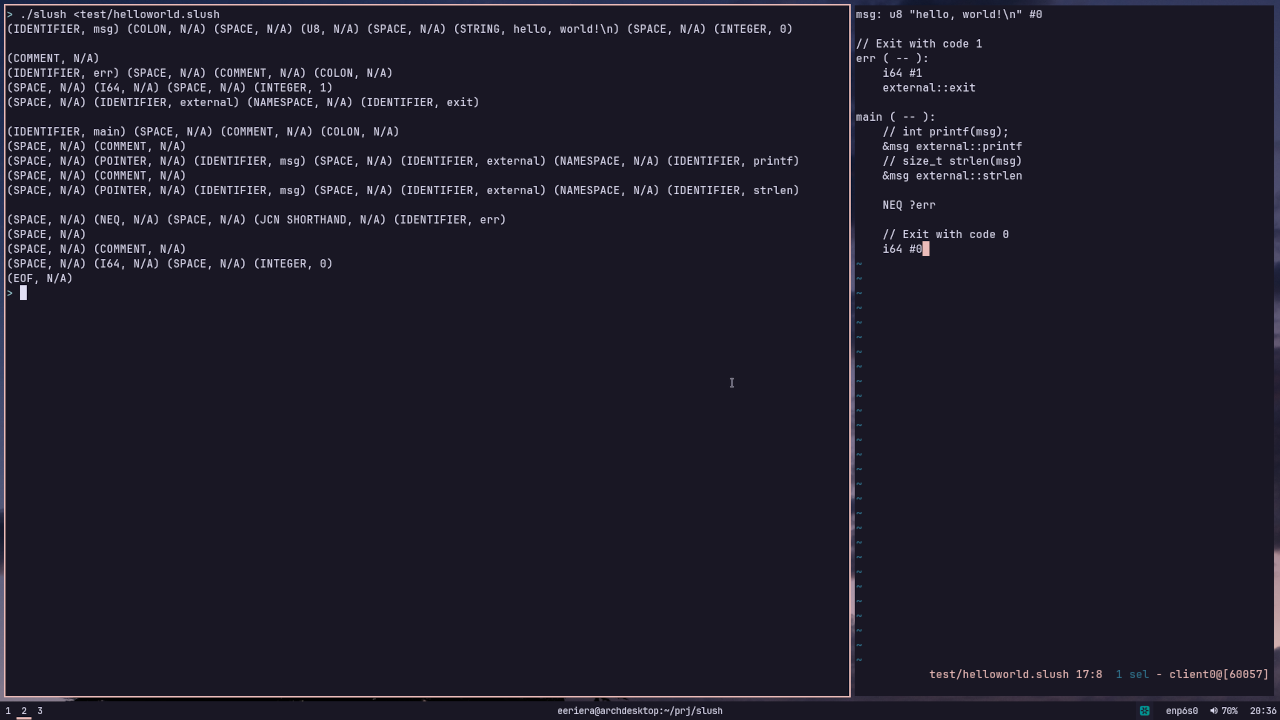 A screenshot of the lexer&rsquo;s output from a hello world example file