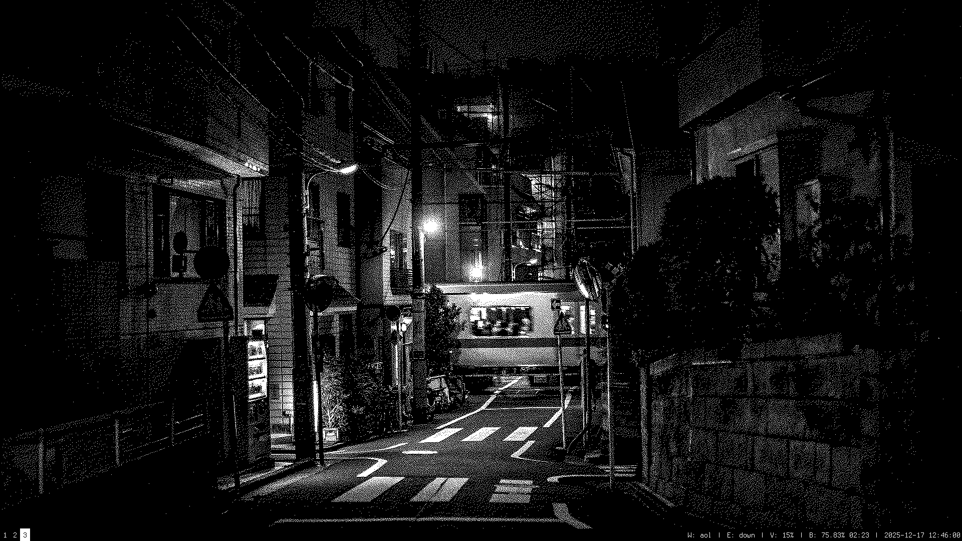 A Sway desktop with a dithered black and white wallpaper of a Tokyo city street with a train passing through